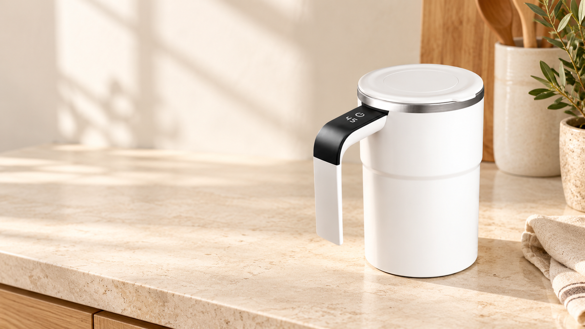 Mise en scène du mug blanc Lunèa dans une cuisine lumineuse