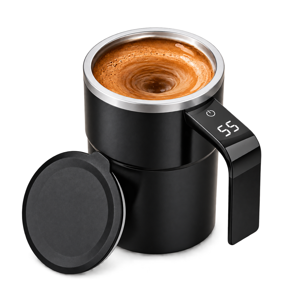 Mug auto-mélangeur noir avec affichage de la température, sans fond