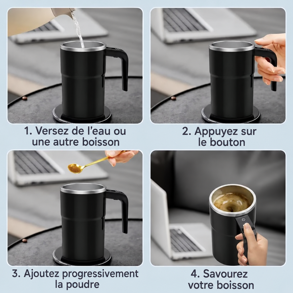 Utilisation du mug en quatre étapes, avec instructions en français