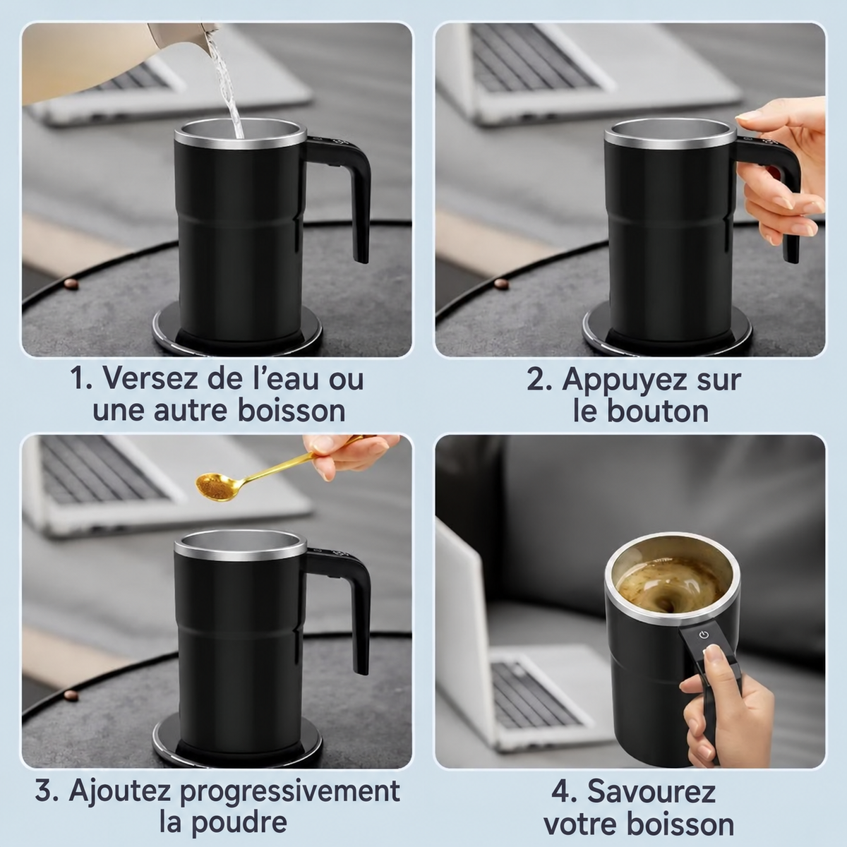 Utilisation du mug en quatre étapes, avec instructions en français